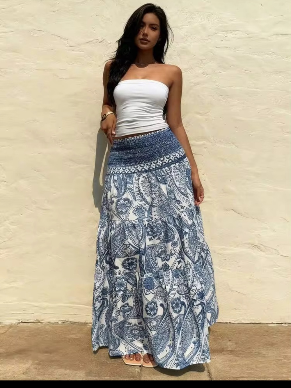 Commense Blue Paisley Smocked Tiered Maxi Skirt S | European Summer Skirt - Picture 3 of 6